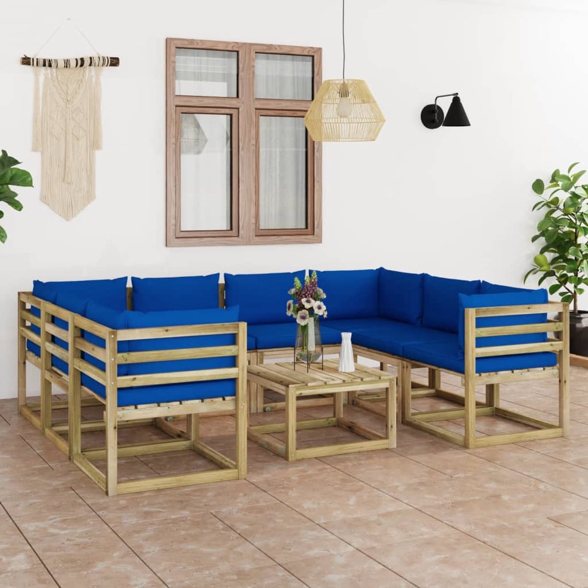 Vidaxl 9-delige Loungeset Met Kussens Geïmpregneerd Grenenhout - Blauw