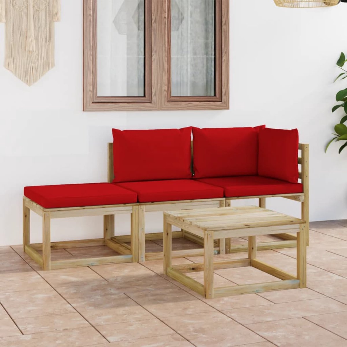 Vidaxl 4-delige Loungeset Met Rode Kussens - Rood