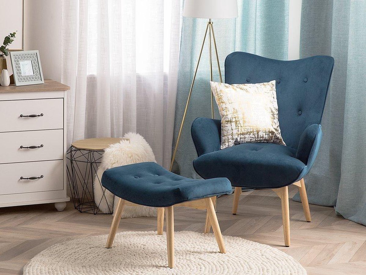 Beliani Vejle - Fauteuil Met Hocker--fluweel - Blauw