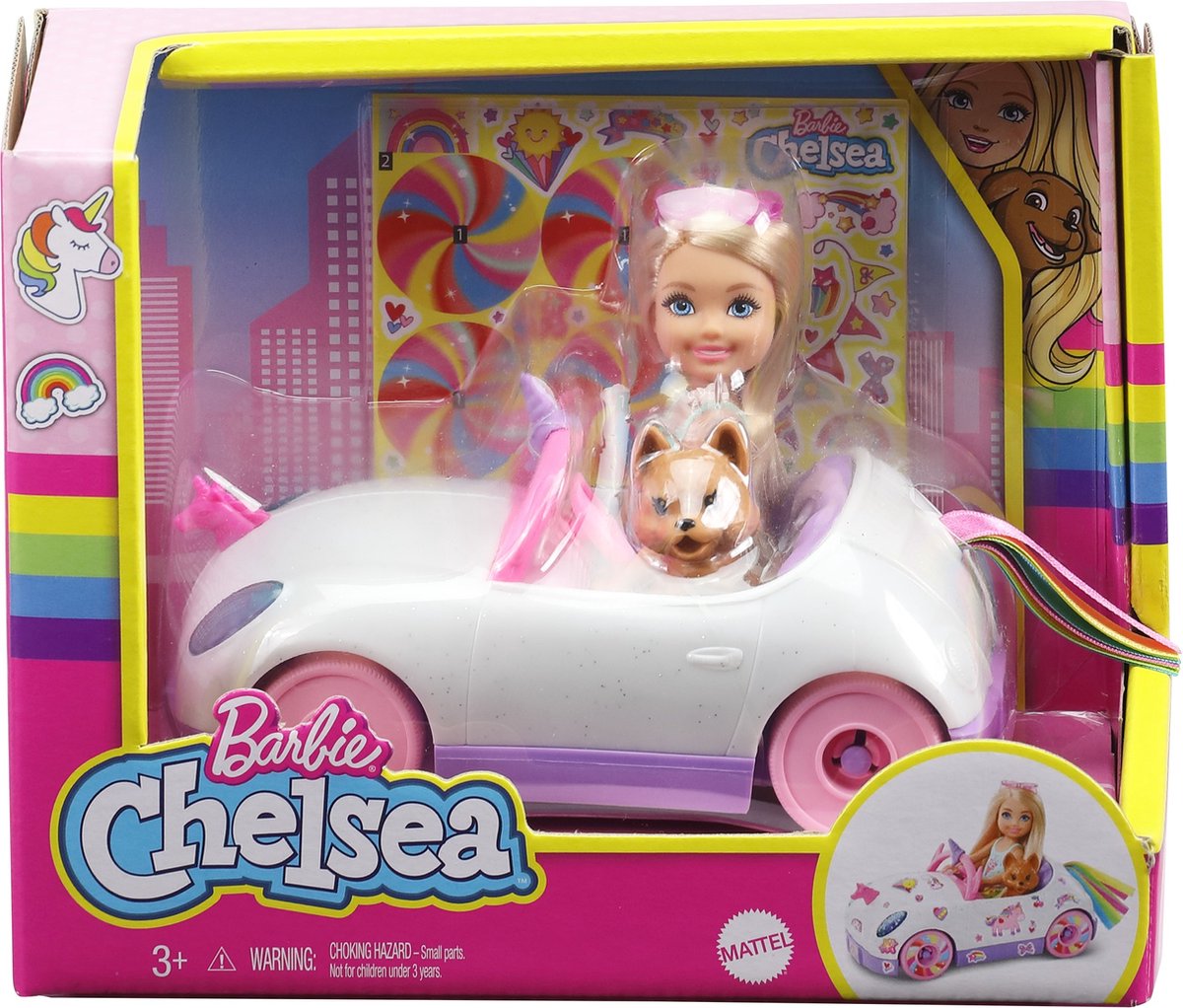 Barbie tienerpop Chelsea Auto meisjes 15,3 cm wit 4 delig