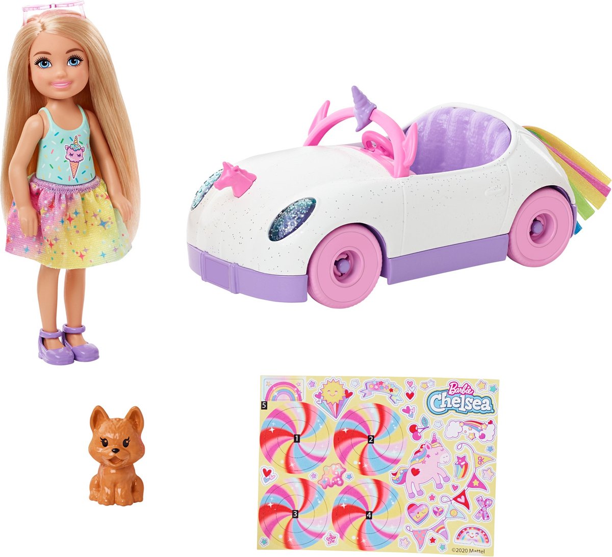 Barbie tienerpop Chelsea Auto meisjes 15,3 cm wit 4 delig