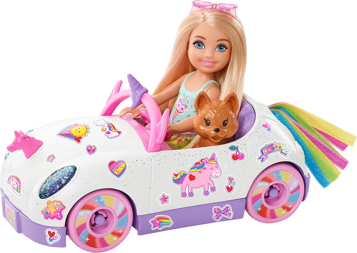 Barbie tienerpop Chelsea Auto meisjes 15,3 cm wit 4 delig