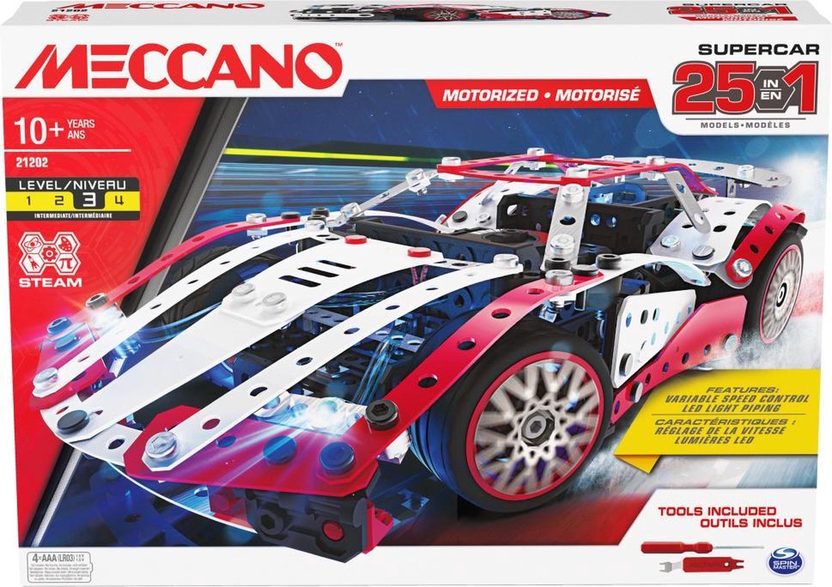 Meccano bouwpakket 25 in 1 set Supercar staal wit/rood