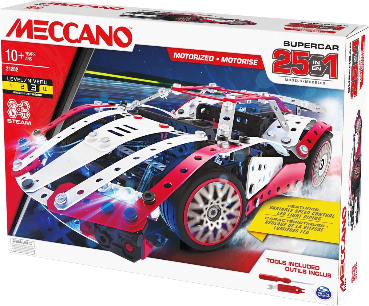 Meccano bouwpakket 25 in 1 set Supercar staal wit/rood