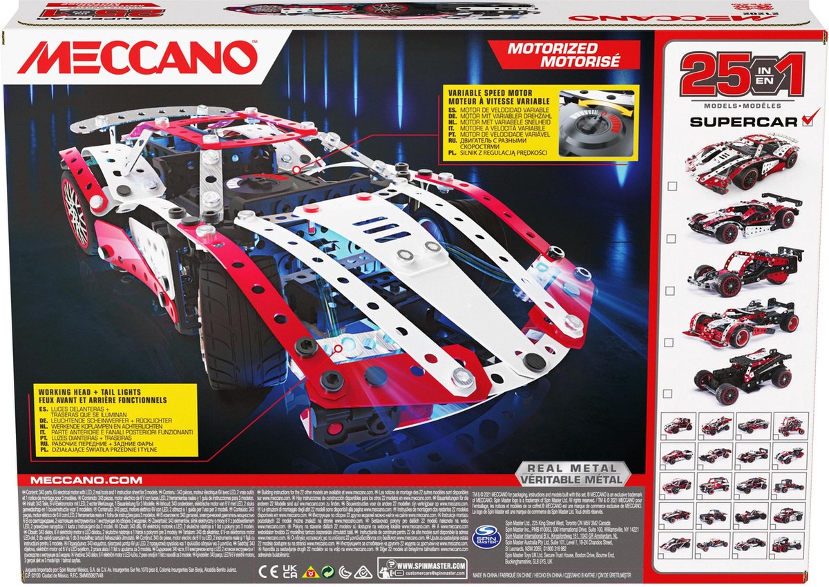 Meccano bouwpakket 25 in 1 set Supercar staal wit/rood