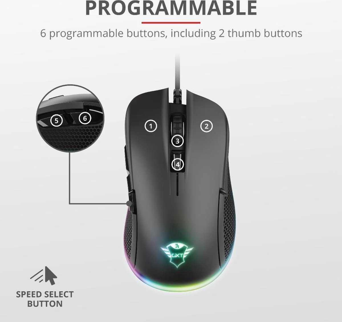Trust GXT 922 Ybar Gaming Muis met RGB verlichting - - Zwart