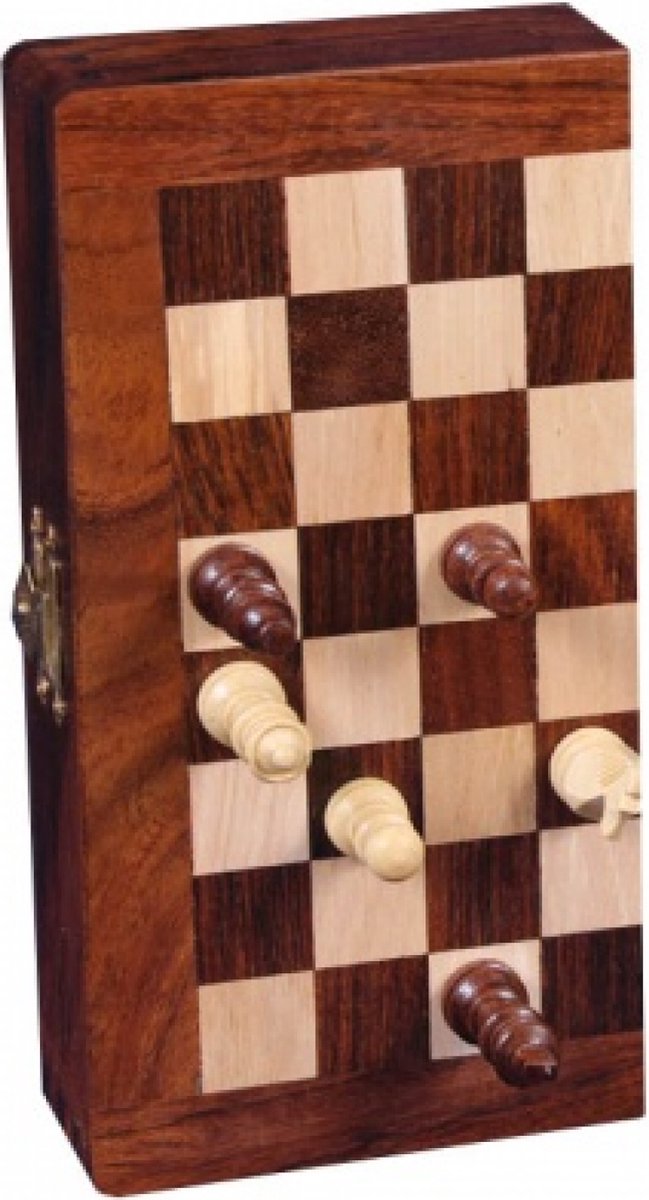 Longfield Games schaakset opklapbaar 25 cm hout/crème - Bruin