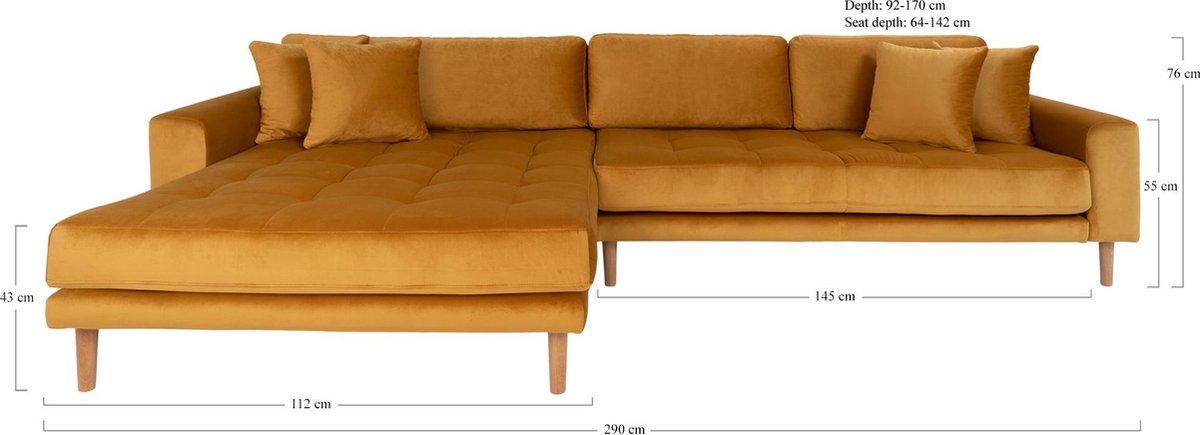 House Nordic Lounge Bank links gericht in mosterd "Lido" - L170-92xB290xH76 CM - Geel
