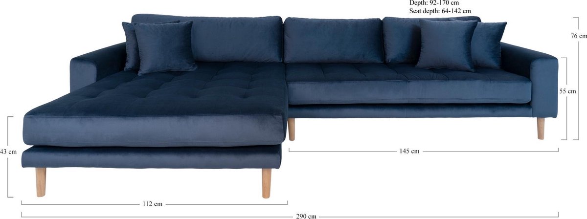 House Nordic Lounge Bank links gericht in donker "Lido" - L170-92xB290xH76 CM - Blauw