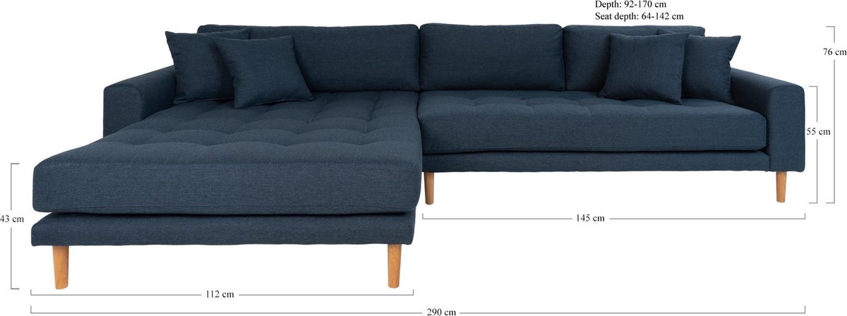 House Nordic Lounge Bank links gericht in "Lido" - L170-92xB290xH76 CM - Blauw