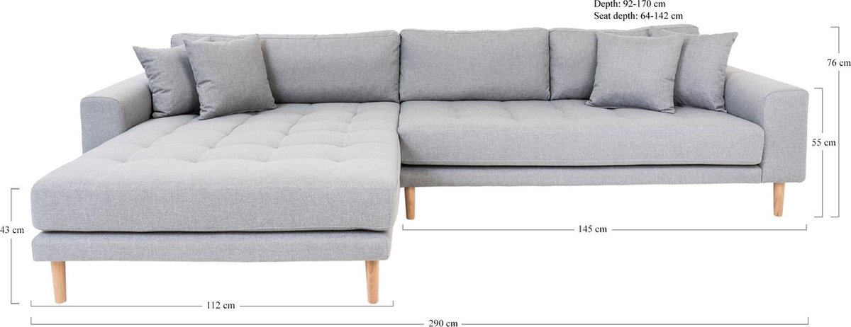 House Nordic Lounge Bank links gericht in licht "Lido" - L170-92xB290xH76 CM - Grijs