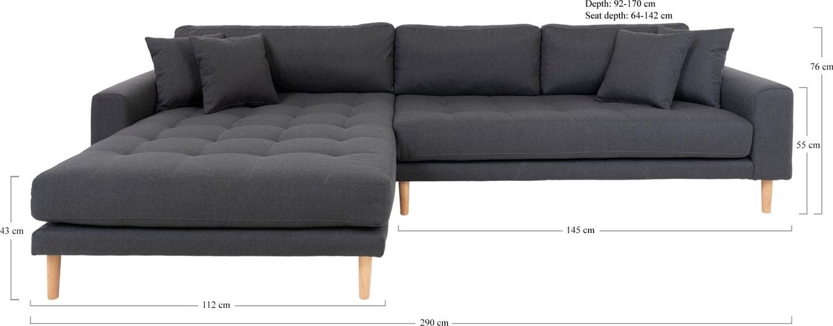 House Nordic Lounge Bank links gericht in donker "Lido" - L170-92xB290xH76 CM - Grijs