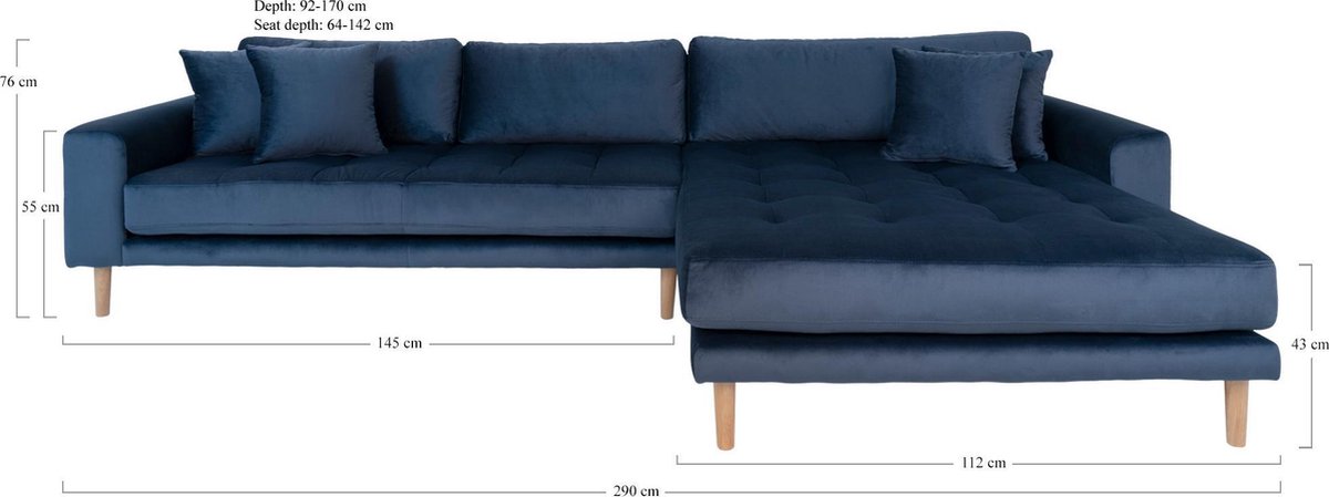 House Nordic Lounge Bank rechts gericht in donker "Lido" - L170-92xB290xH76 CM - Blauw