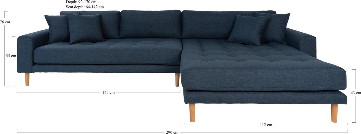 House Nordic Lounge Bank rechts gericht in "Lido" - L170-92xB290xH76 CM - Blauw