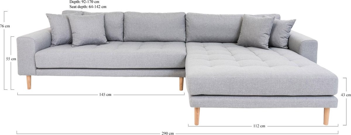 House Nordic Lounge Bank licht "Lido" - L170-92xB290xH76 CM - Grijs