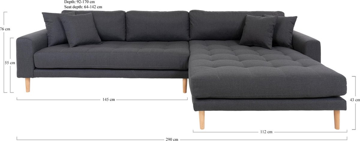 House Nordic Lounge Bank donker "Lido" - L170-92xB290xH76 CM - Grijs