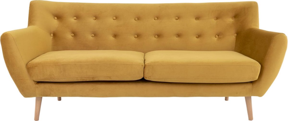 House Nordic Scandinavische 3-zitsbank in mosterd fluweel met natuurlijke poten "Monte" - L80xB180xH81 CM - Geel