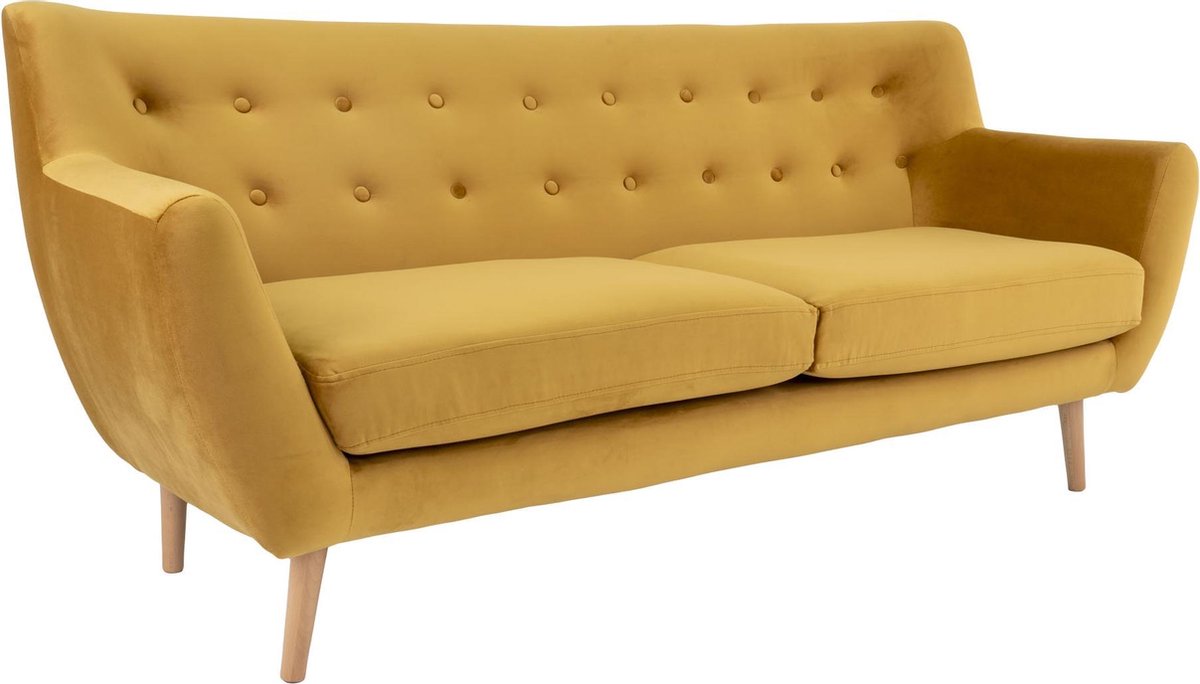 House Nordic Scandinavische 3-zitsbank in mosterd fluweel met natuurlijke poten "Monte" - L80xB180xH81 CM - Geel