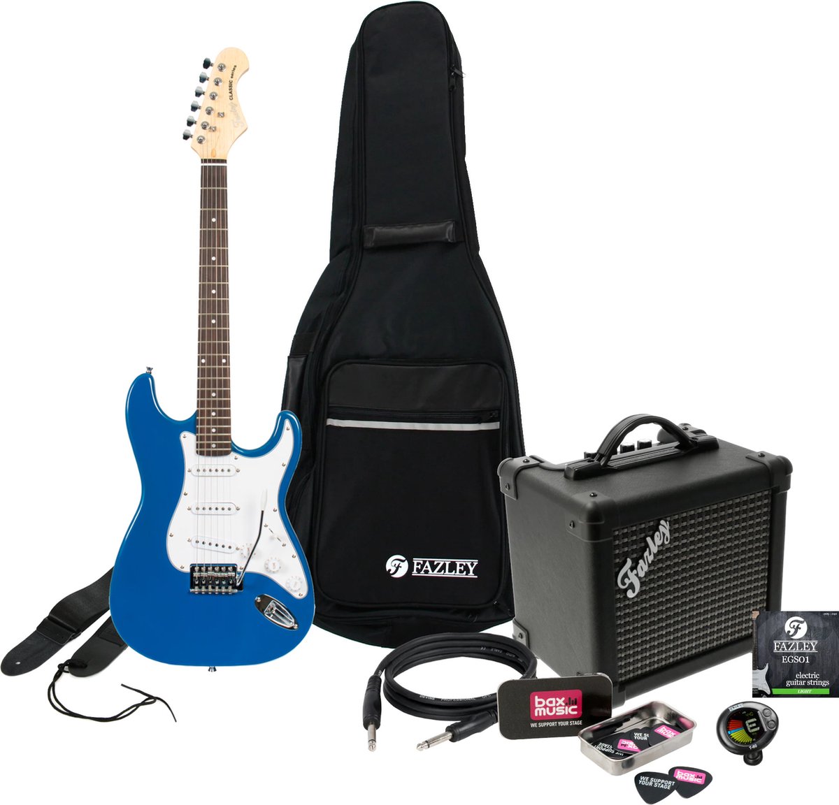 Fazley FST118BL blauwe elektrische gitaar starterset met versterker