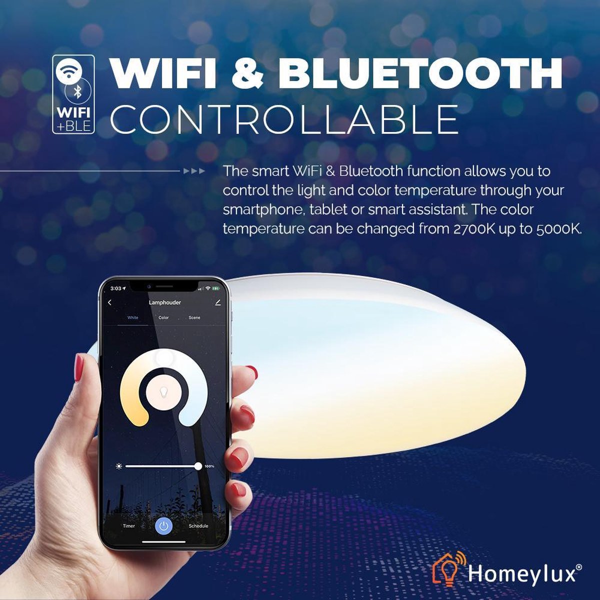 LED Smart Plafondlamp WiFi + Bluetooth 25W Lichtkleur instelbaar - 2600lm - IK10 - Ø38cm IP65 - Wit