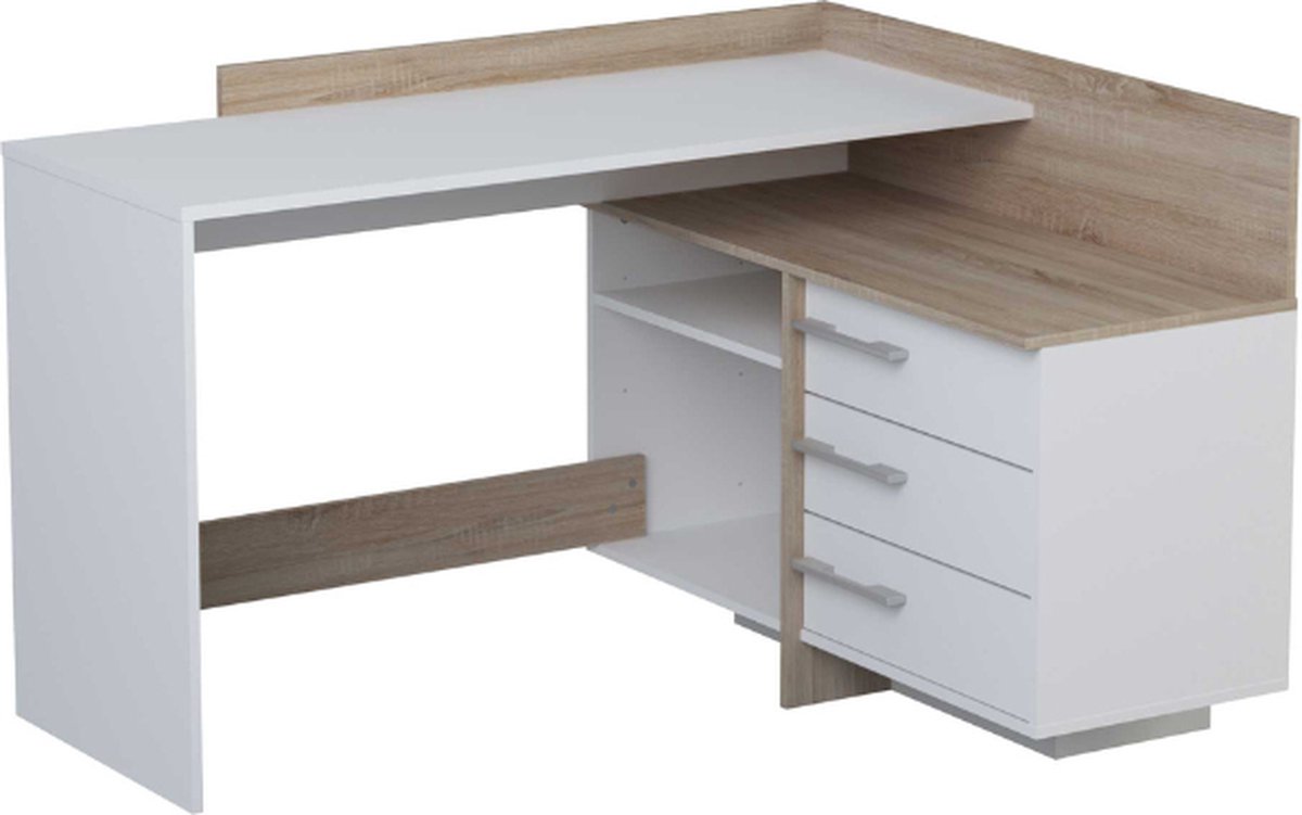 Demeyere Hoekbureau Met 3 Lades - Eiken En Decor - L 128,5 X D 105,7 X H 83,2 Cm - Thales - Wit