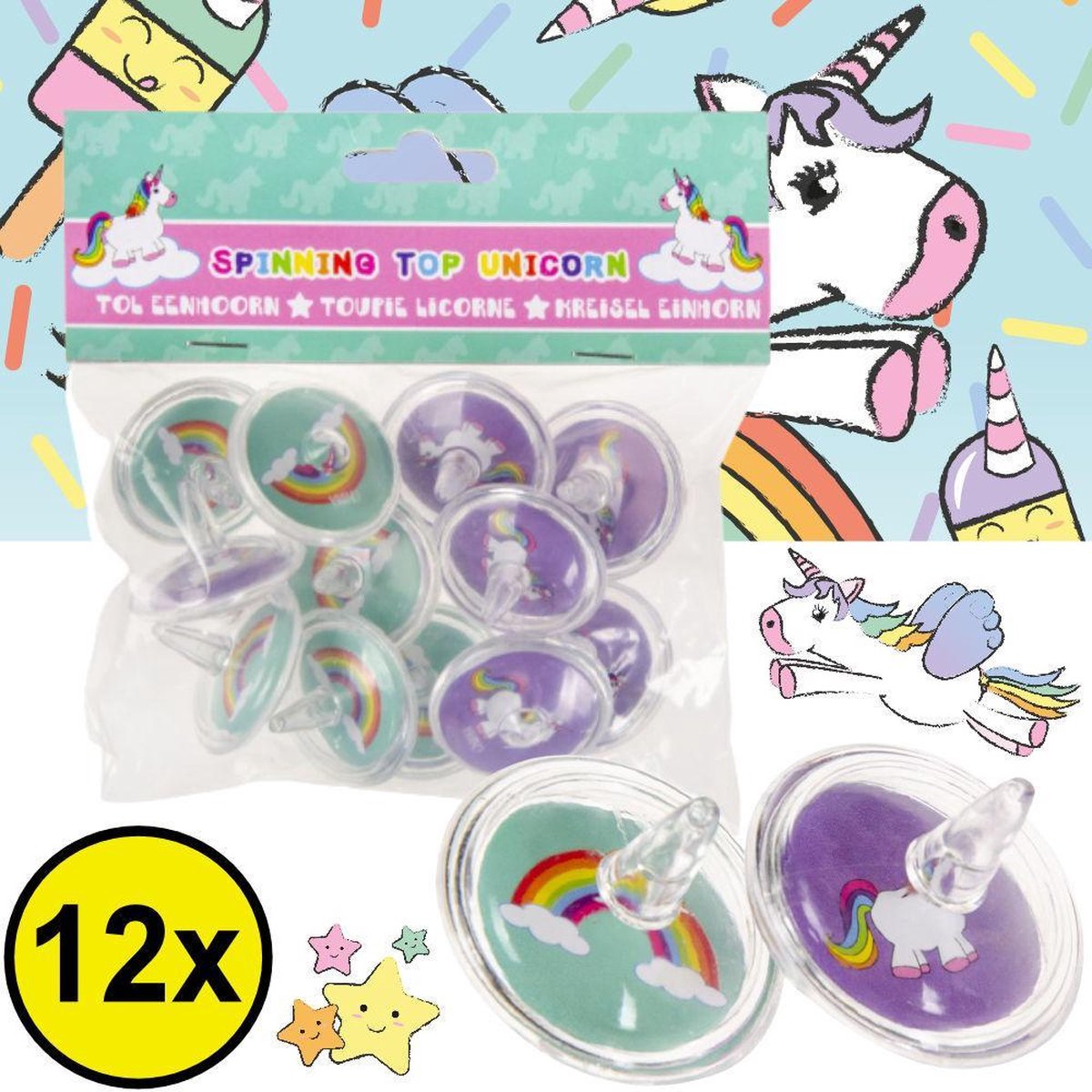 Decopatent ® Uitdeelcadeaus 12 Stuks Unicorn - Eenhoorn Tollen -