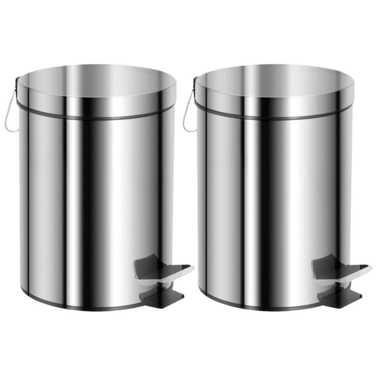 2x Stuks Pedaalemmer 5 Liter Van 20 X 28 Cm Rvs - Kunststof Verwijderbare Binnen Emmer Met Handvat - Silver