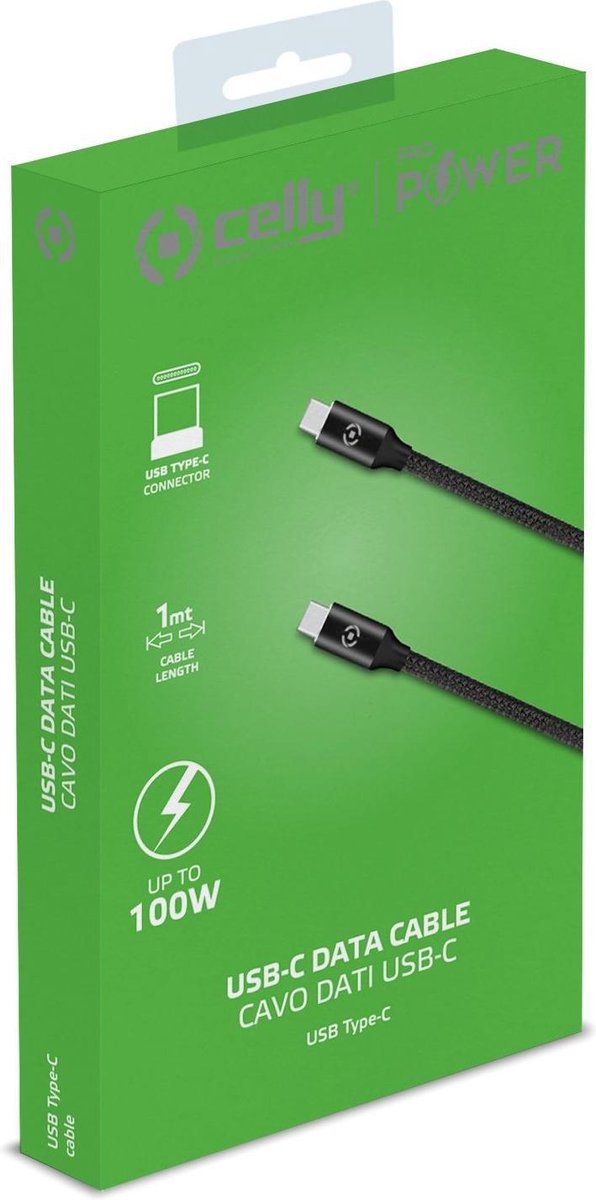 Power Delivery Usb-kabel Type-c, 1 Meter, - Pvc - Celly - Zwart