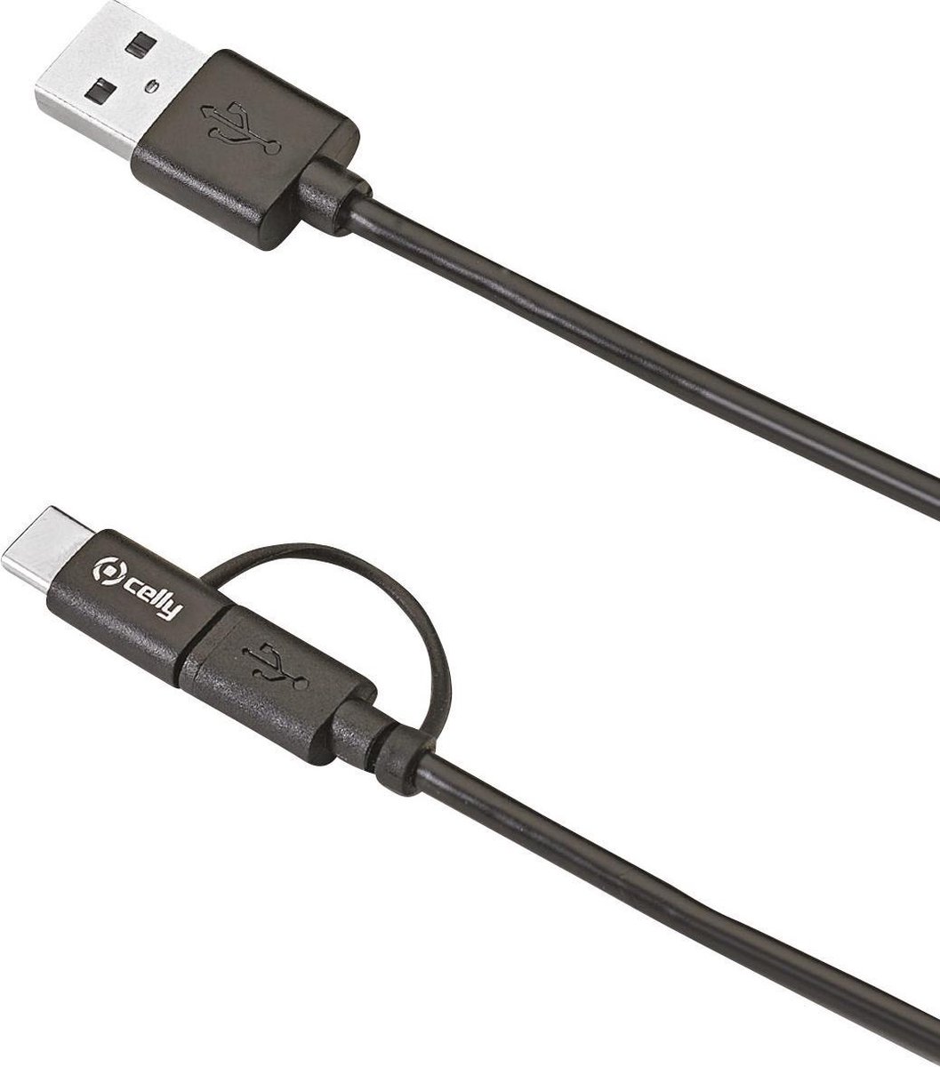 Micro-usb/type-c Kabel, 1 Meter Kunststof - Celly - Zwart