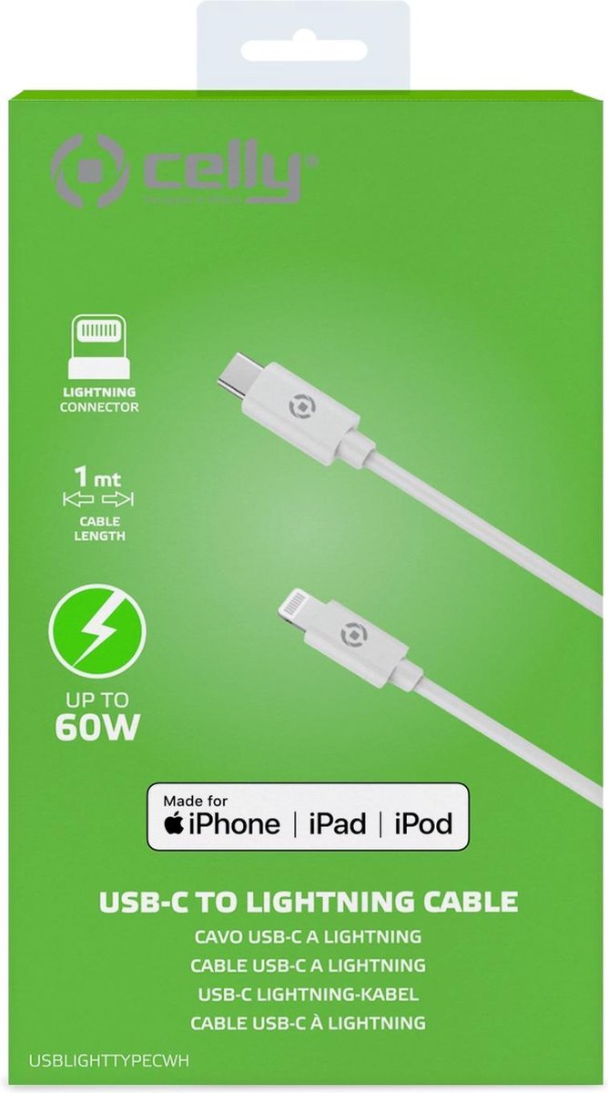 Lightning Naar Type-c Kabel, 1 Meter, - Pvc - Celly - Wit
