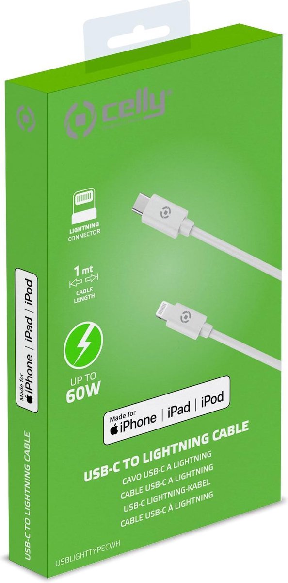 Lightning Naar Type-c Kabel, 1 Meter, - Pvc - Celly - Wit