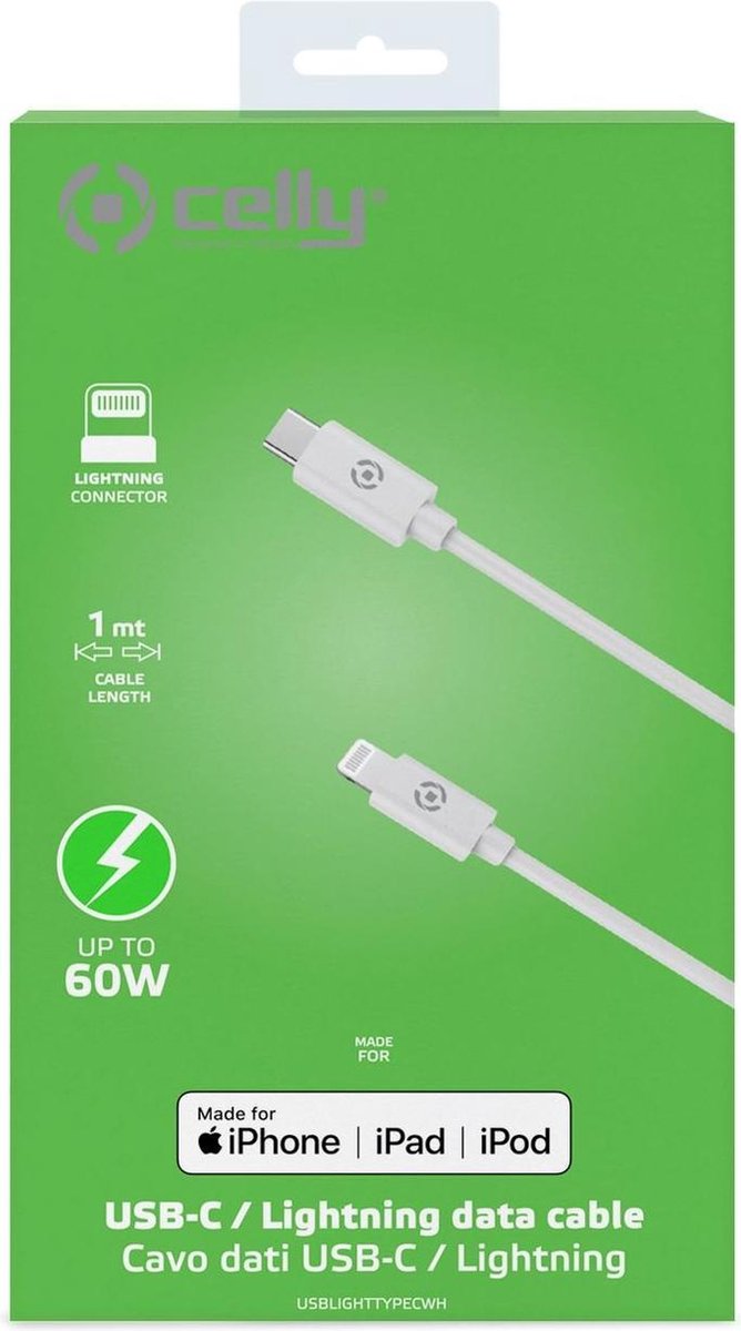 Lightning Naar Type-c Kabel, 1 Meter, - Pvc - Celly - Wit