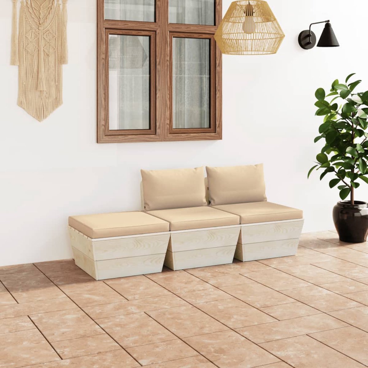 Vidaxl 3-delige Loungeset Met Kussens Pallet Vurenhout - Beige