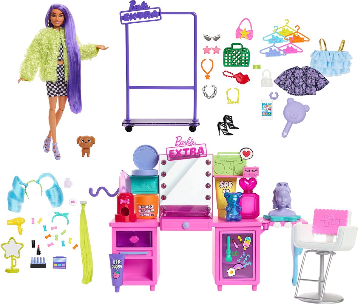 Barbie speelset Extra junior 30 cm roze/paars 55 delig