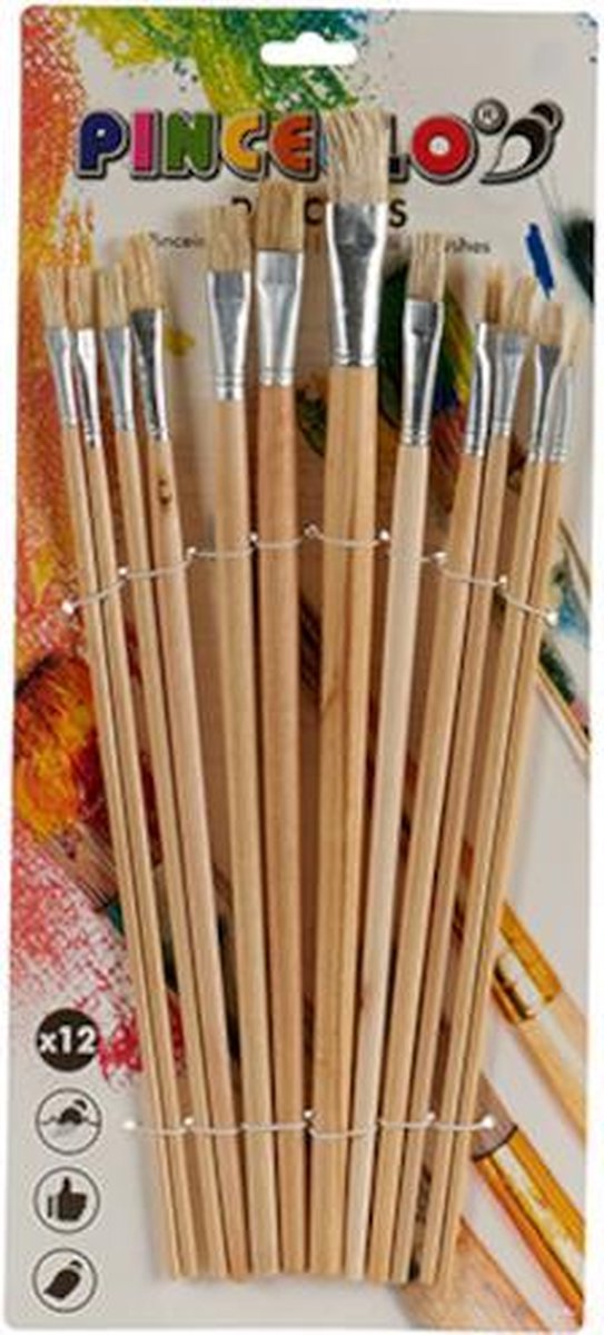 Pincello platte kwasten 38 x 16,5 cm hout naturel 12 delig