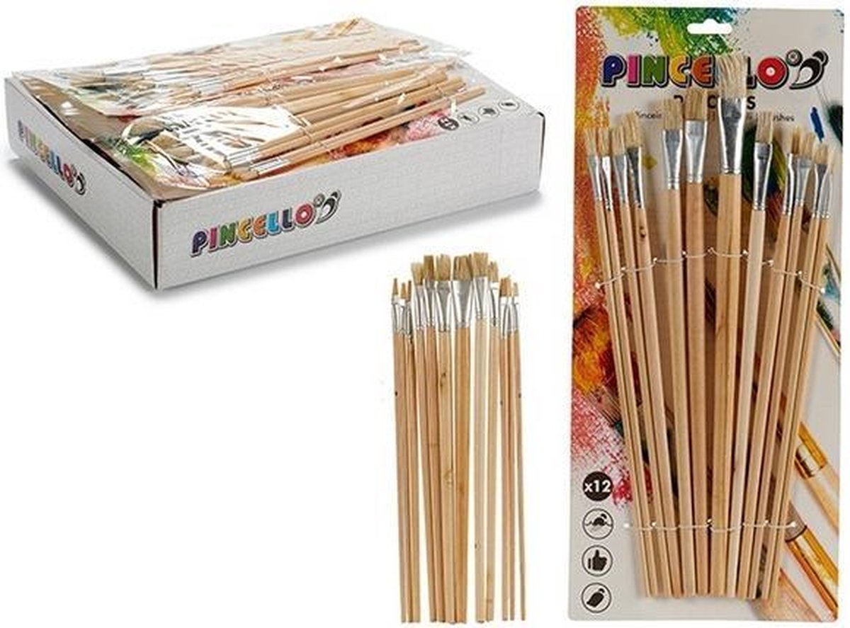 Pincello platte kwasten 38 x 16,5 cm hout naturel 12 delig