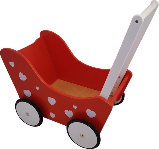 Houten Poppenwagen Met Hartjes, - Rood