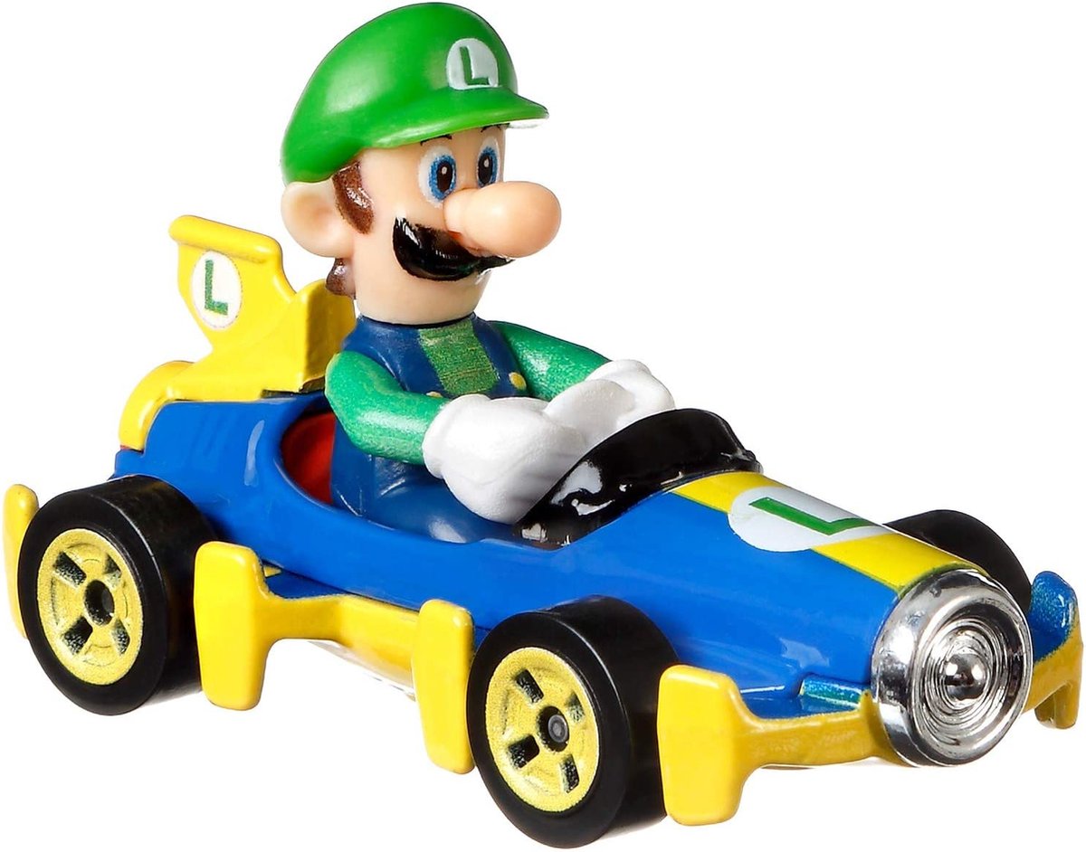 Hot Wheels raceauto Mario Kart Luigi 8 Mach 8 cm 1:64 blauw/geel