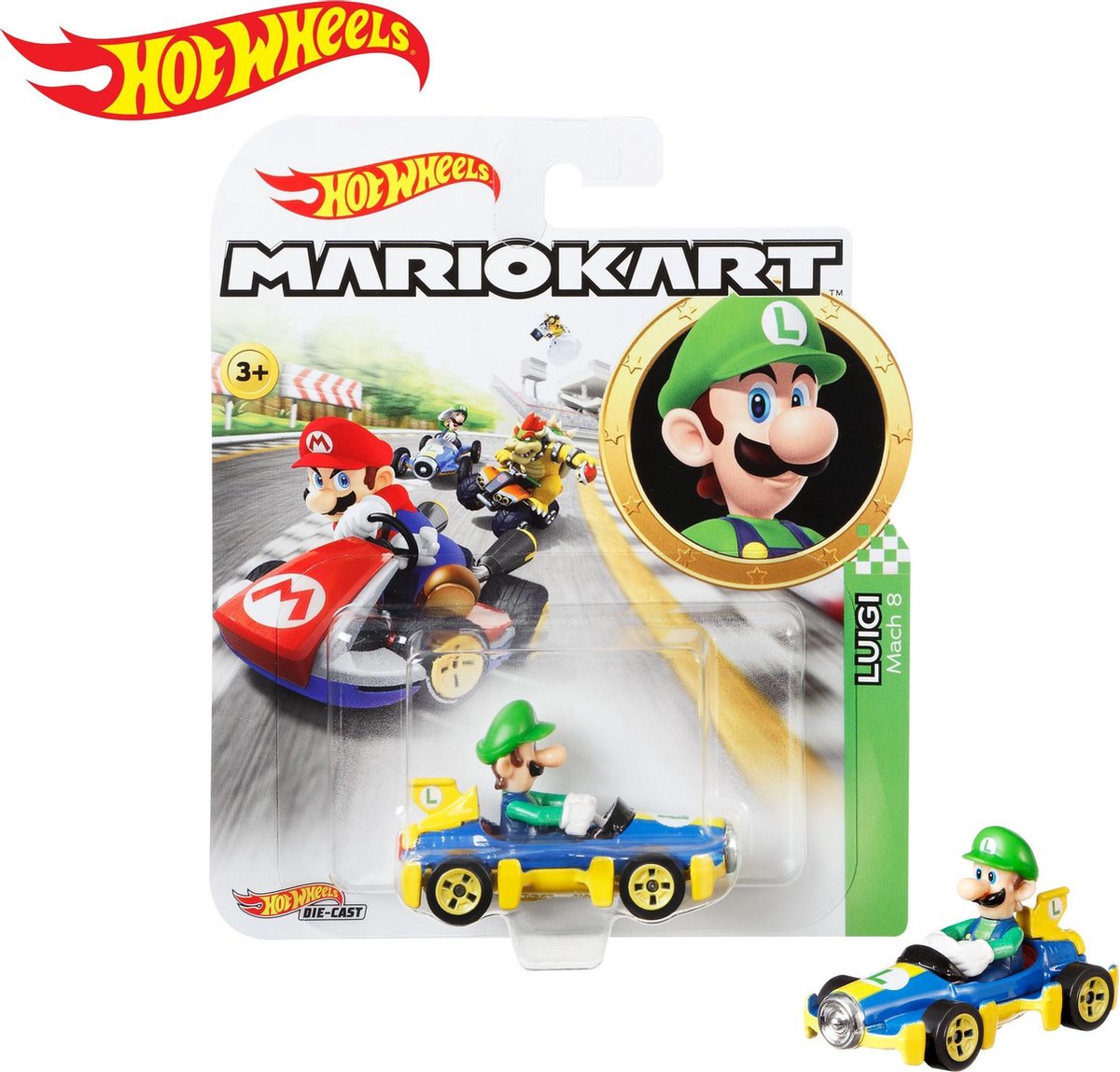 Hot Wheels raceauto Mario Kart Luigi 8 Mach 8 cm 1:64 blauw/geel