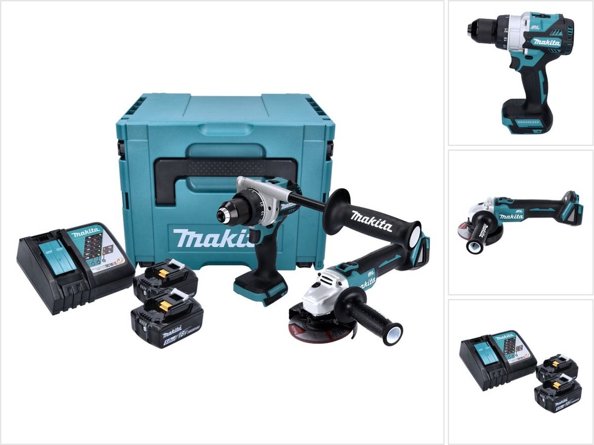 Makita DLX2430TJ | Combiset | 18 V | Boren, schroeven en slijpen | 2x 5.0 Ah Accu | DDF486 en DGA504 | Snellader | in Mbox