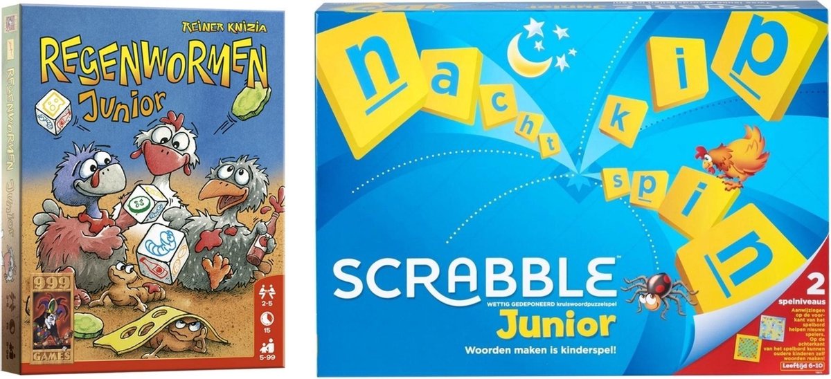 Mattel Spellenbundel - Bordspel - 2 Stuks - Regenwormen Junior & Scrabble Junior