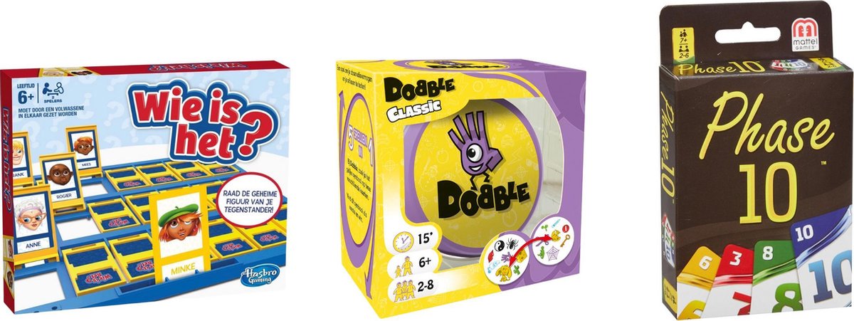Hasbro Spellenbundel - Bordspellen - 3 Stuks - Wie Is Het? & Dobble Classic & Phase 10