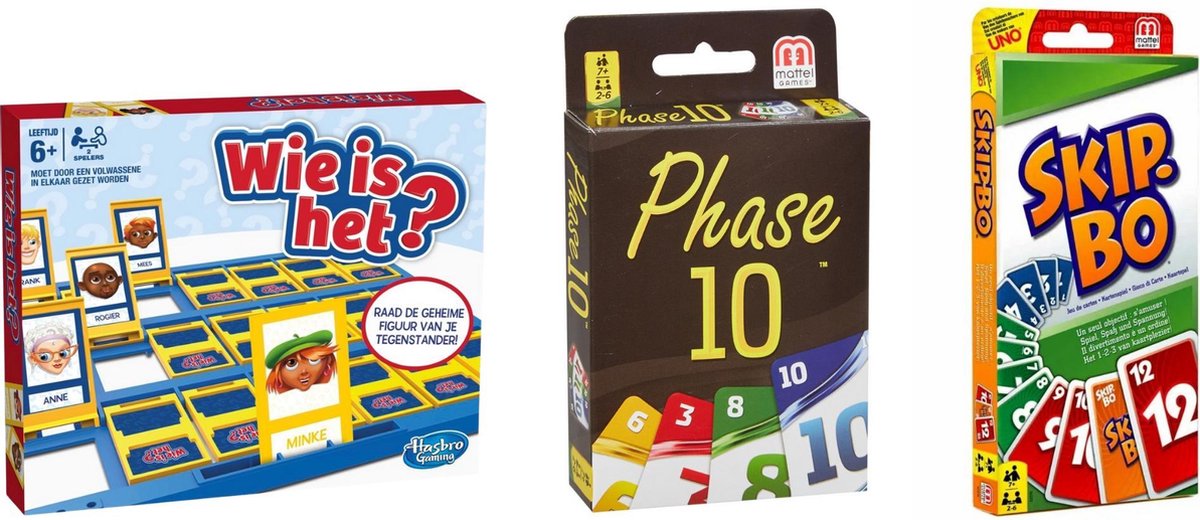 Hasbro Spellenbundel - Bordspellen - 3 Stuks - Wie Is Het? & Phase 10 & Skip-bo