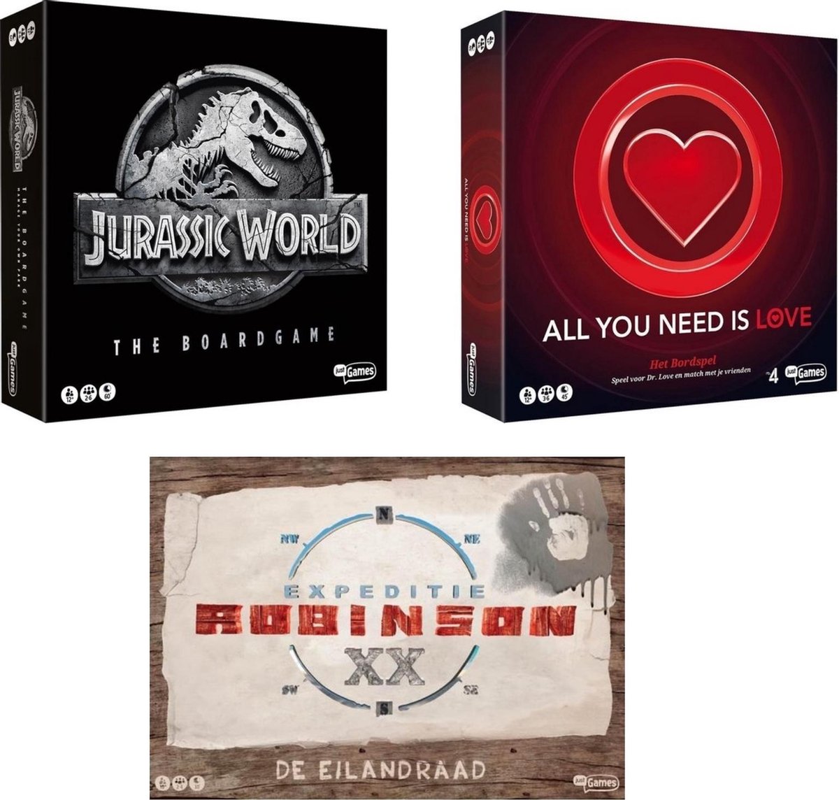 Spellenset - 3 Stuks - Jurassic World The Boardgame & All You Need Is Love Bordspel & Expeditie Robinson De Eilandraad