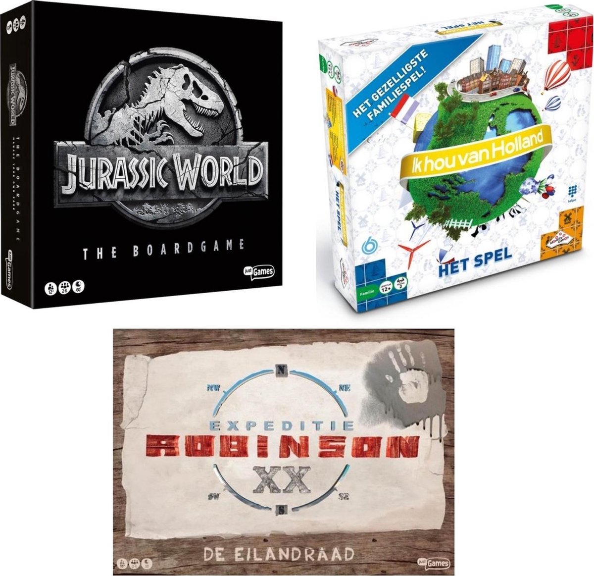 Spellenset - 3 Stuks - Jurassic World The Boardgame & Ik Hou Van Holland Bordspel & Expeditie Robinson De Eilandraad