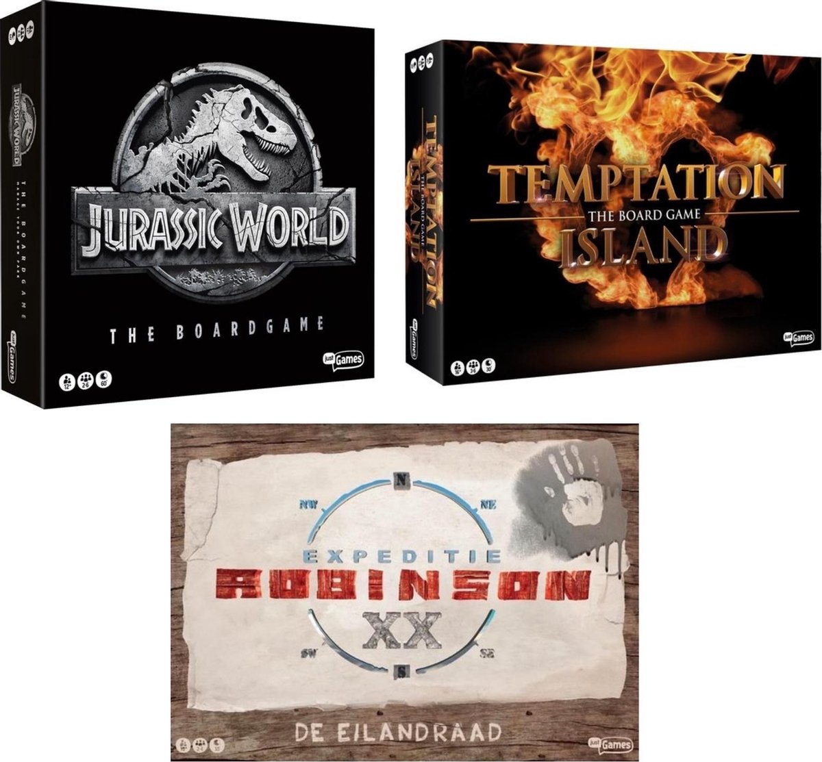 Spellenset - 3 Stuks - Jurassic World The Boardgame & Temptation Island & Expeditie Robinson De Eilandraad