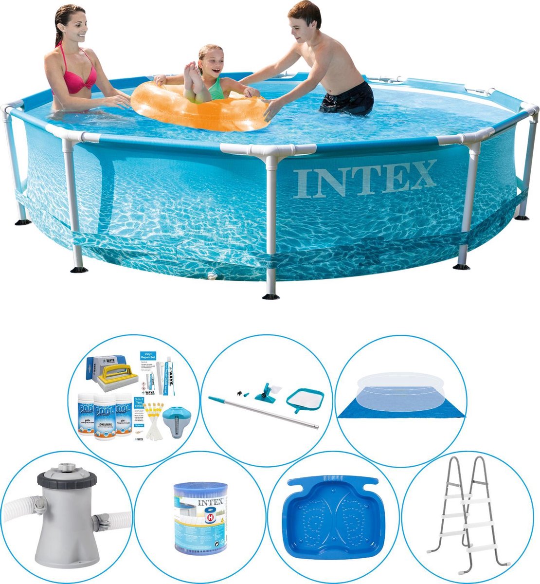 Intex Metal Frame Rond Strandzijde 305x76 Cm - 8-delig - Zwembad Bundel - Blauw