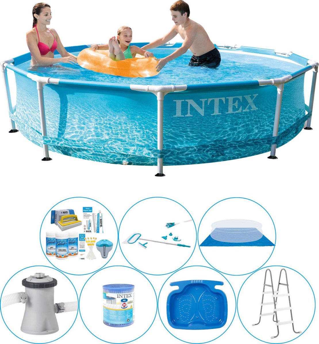 Intex Metal Frame Rond Strandzijde 305x76 Cm - 8-delig - Alles In 1 Zwembad Pakket - Blauw