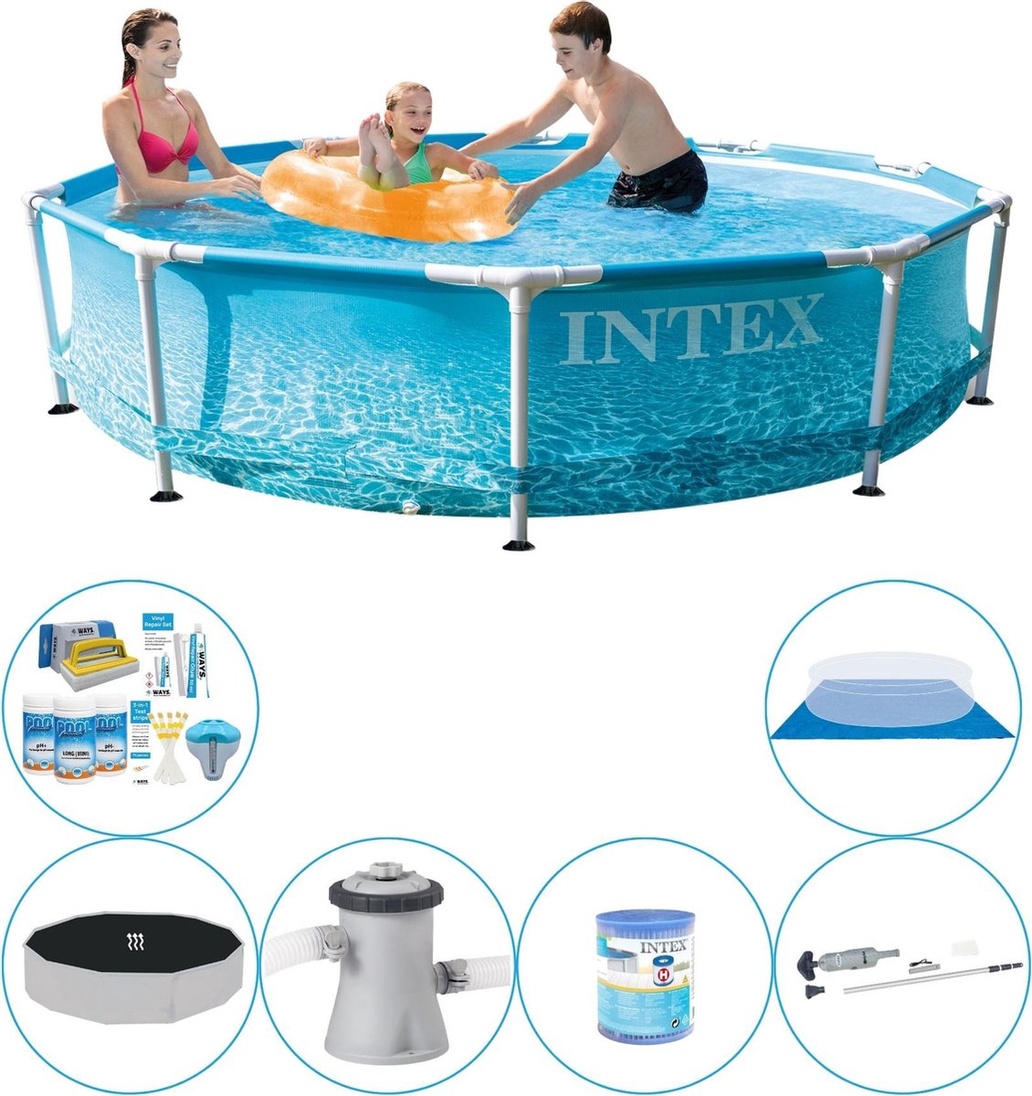 Intex Zwembad Combinatie Pakket - Metal Frame Rond Strandzijde 305x76 Cm - Blauw