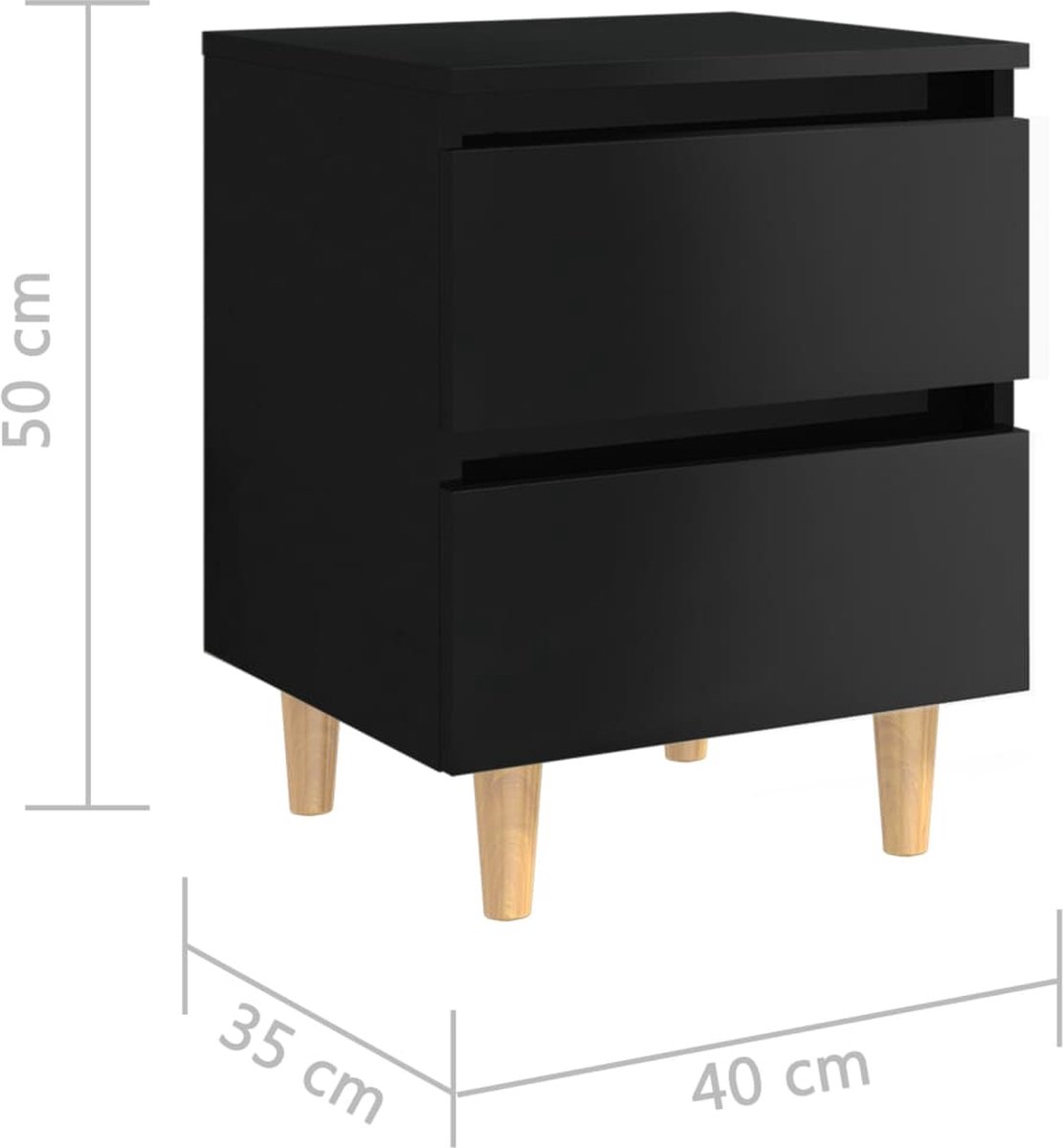 Vidaxl Nachtkastjes 2 St Met Houten Poten 40x35x50 Cm Hoogglans - Zwart
